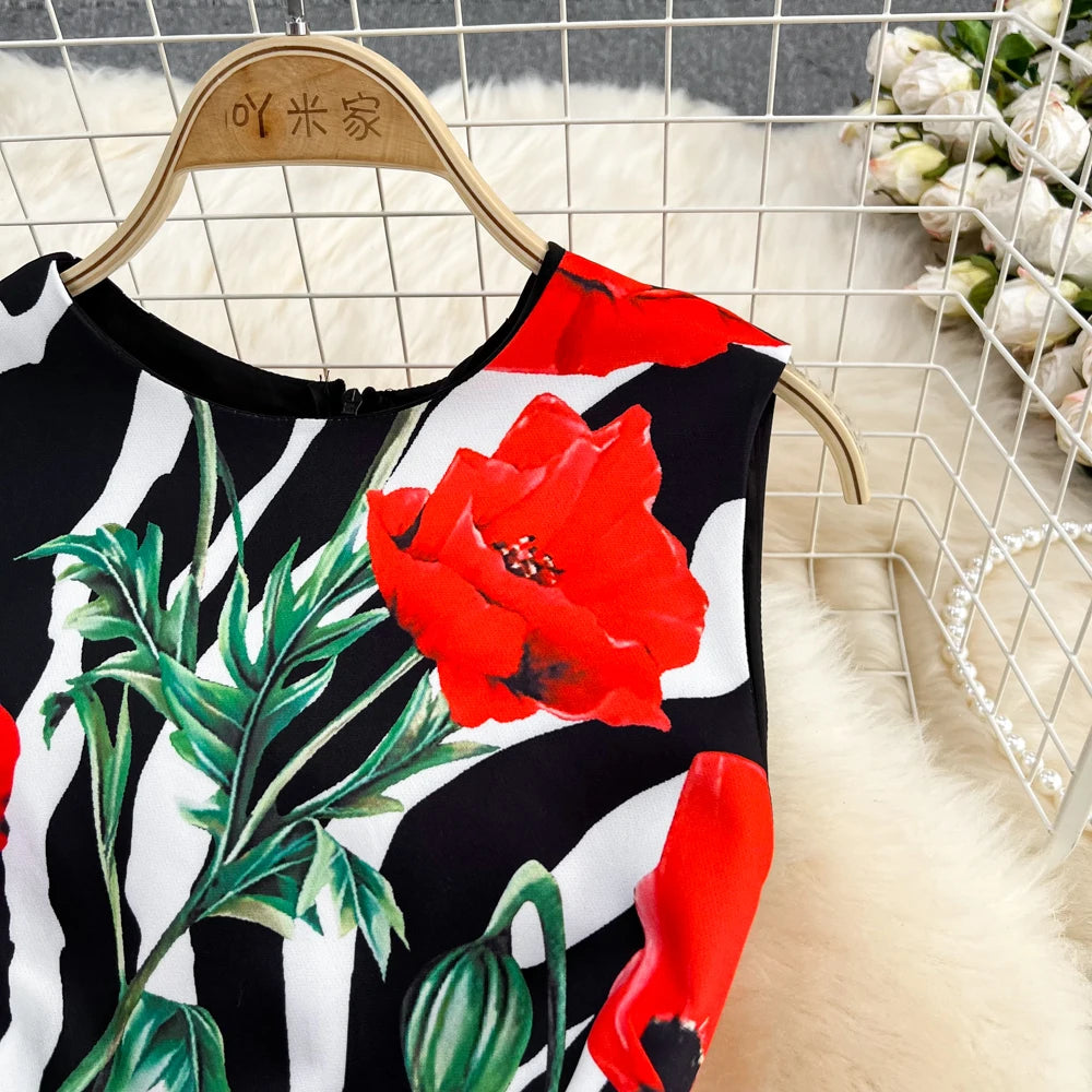 New In Dresses Summer Clothes For Women 2023 Fashion Elegant Vintage Print Party Dress Round Neck Sleeveless A Line Mini Dress