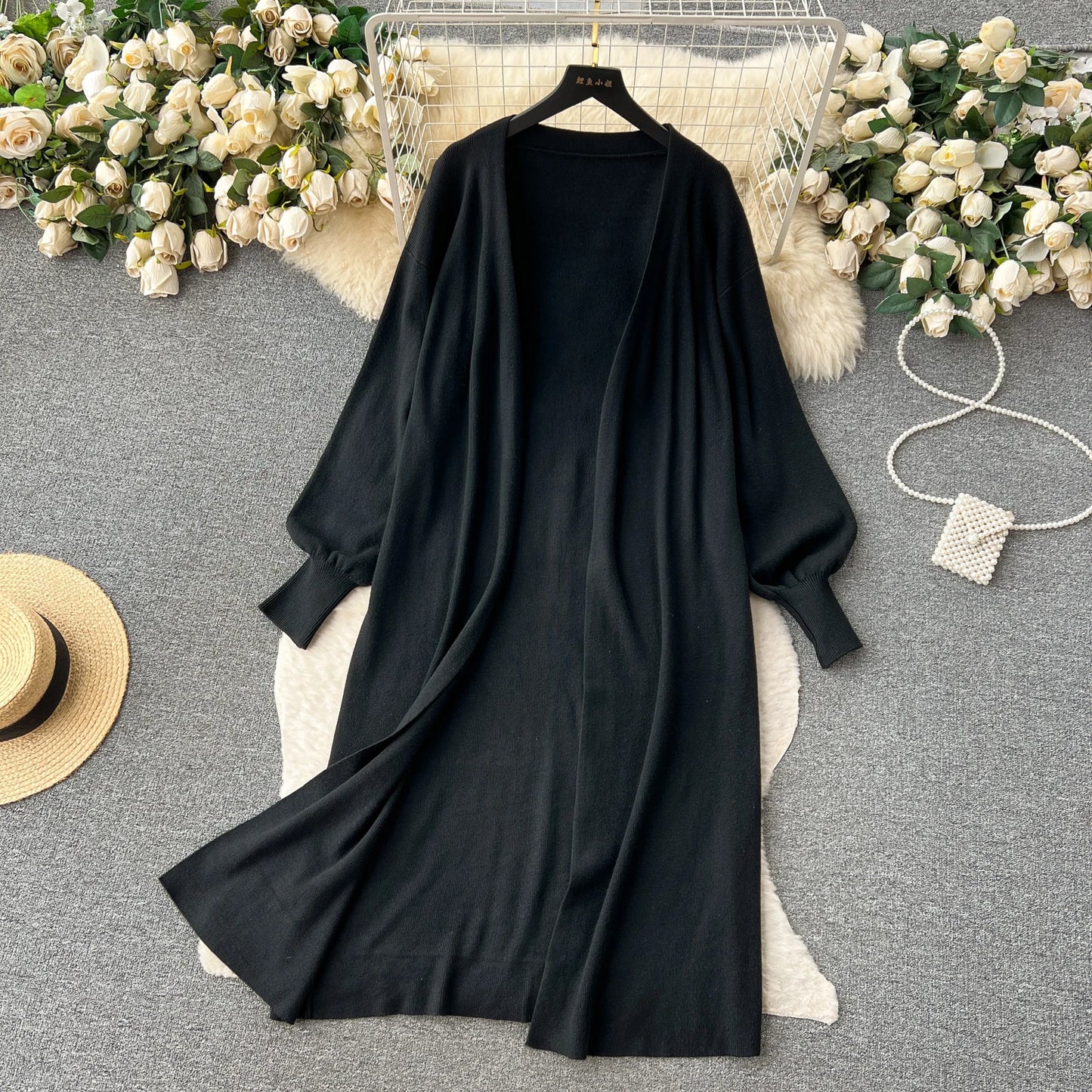 Women's Autumn French Fashion Outfits Knitted Two Piece Set V-neck Suspenders Strap Dress+Loose Long sleeved Cardigan Dress Suit