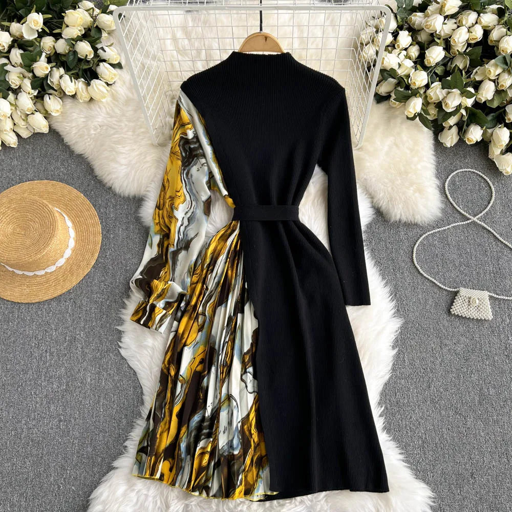 Elegant Chic Print Patchwork Knit Dress French Long Sleeve Party A-line Vestidos High Waist Basic Slim Women Autumn Winter Dress