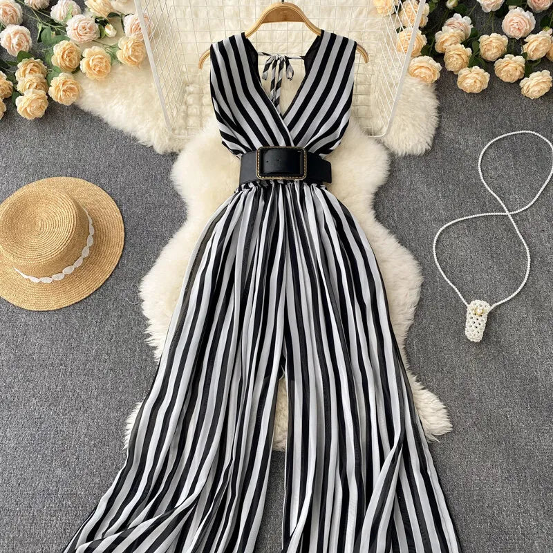 Women Chiffon Striped Jumpsuits Summer Sexy V-neck Sleeveless Elegant Wide-leg Long Pants Playsuits Ladies Dot Romper Overall
