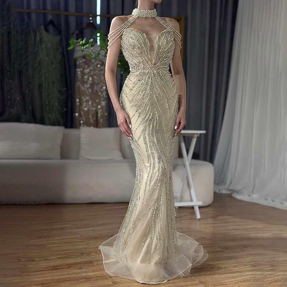 Serene Hill 2024 Arabic Nude Halter Neck Mermaid Pearls Beaded Luxury Dubai Evening Gown for Women's Party LA72696