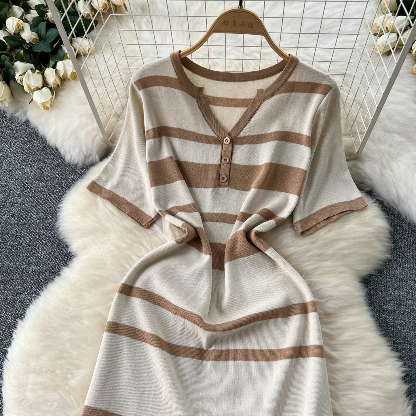 Sexy Chic short sleeve PATCHWORK v-Neck Striped Knit Dress Elegant Fashion Party Slim Summer A-line sweet dresses