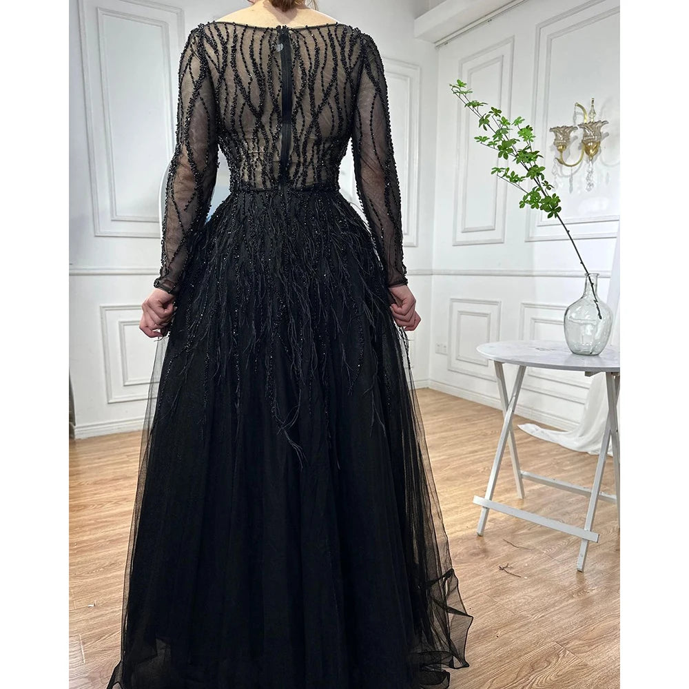 Serene Hill Arabic Red Elegant A Line For Women Long Sleeves Evening Dress Luxury Beaded Handmade Feathers 2024 LA71468