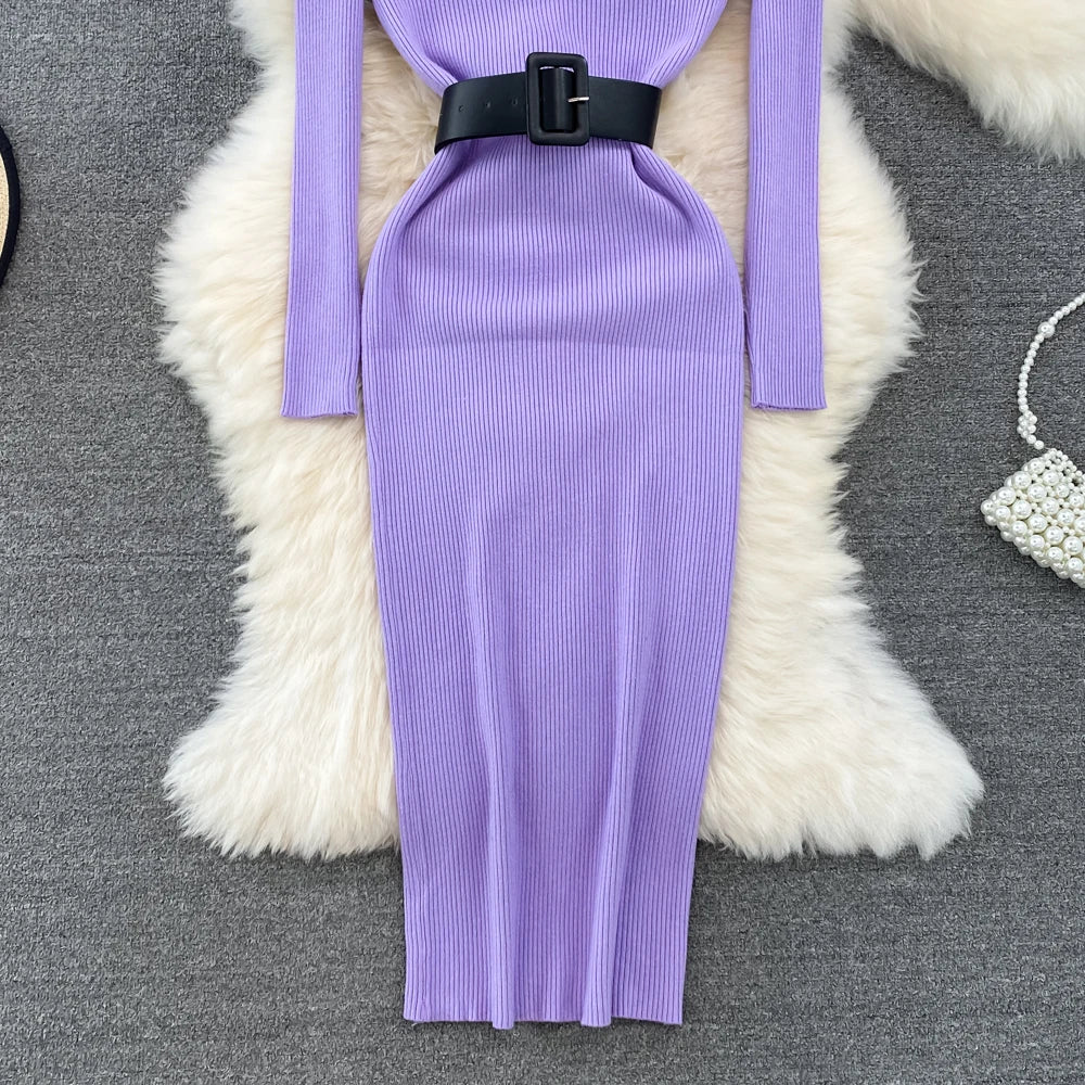 Elegant Turtleneck Long Sleeve Knit Soft Tight Pencil Dress with Belt Slim Fashion Warm Sweater Vestido Sexy Women Winter Robe