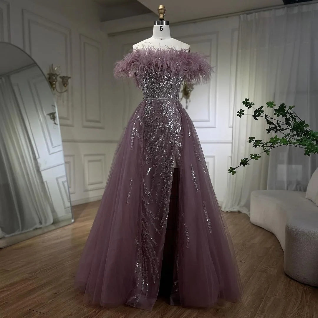 SERENE HILL 2024 Blue Feather Mermaid Luxury Beaded Evening Dresses Overskirt Formal Pink Gowns For Women Wedding Party GLA72061