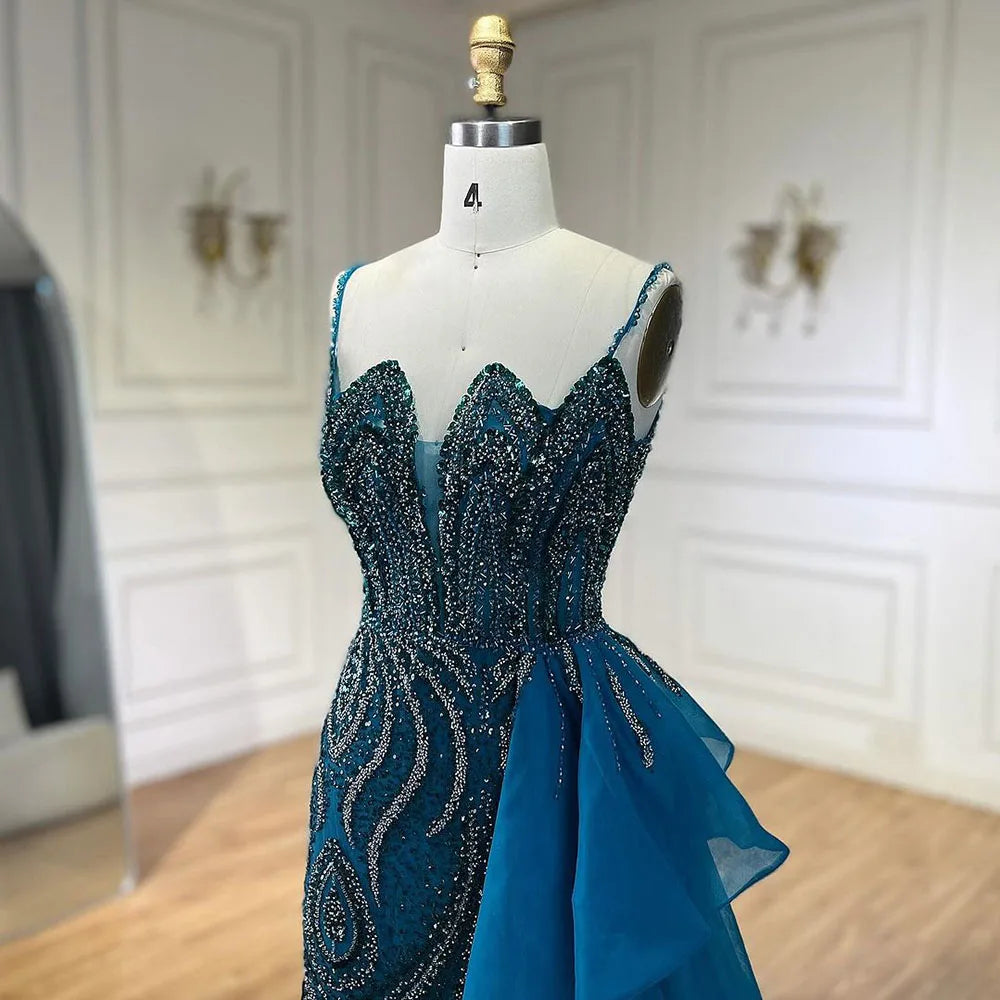 SERENE HILL 2024 Turquoise Spaghetti Strap Luxury Beaded Evening Dresses Mermaid Elegant Overskirt Gown For Women Party GLA72378