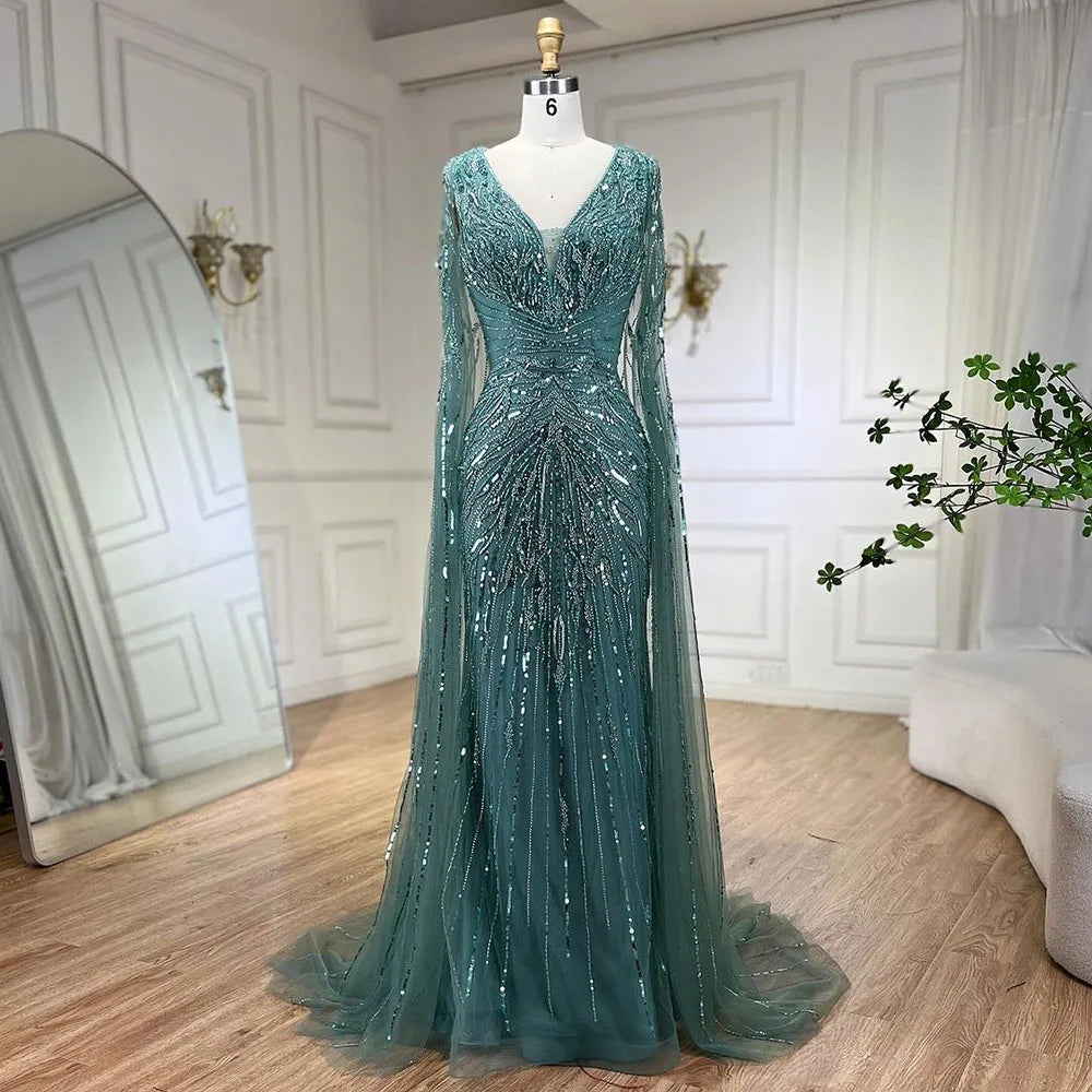 SERENE HILL 2024 Arabic Silver Mermaid Cape Sleeves Luxury Beaded Evening Dresses Formal Long Gowns Women Wedding Party GLA72239