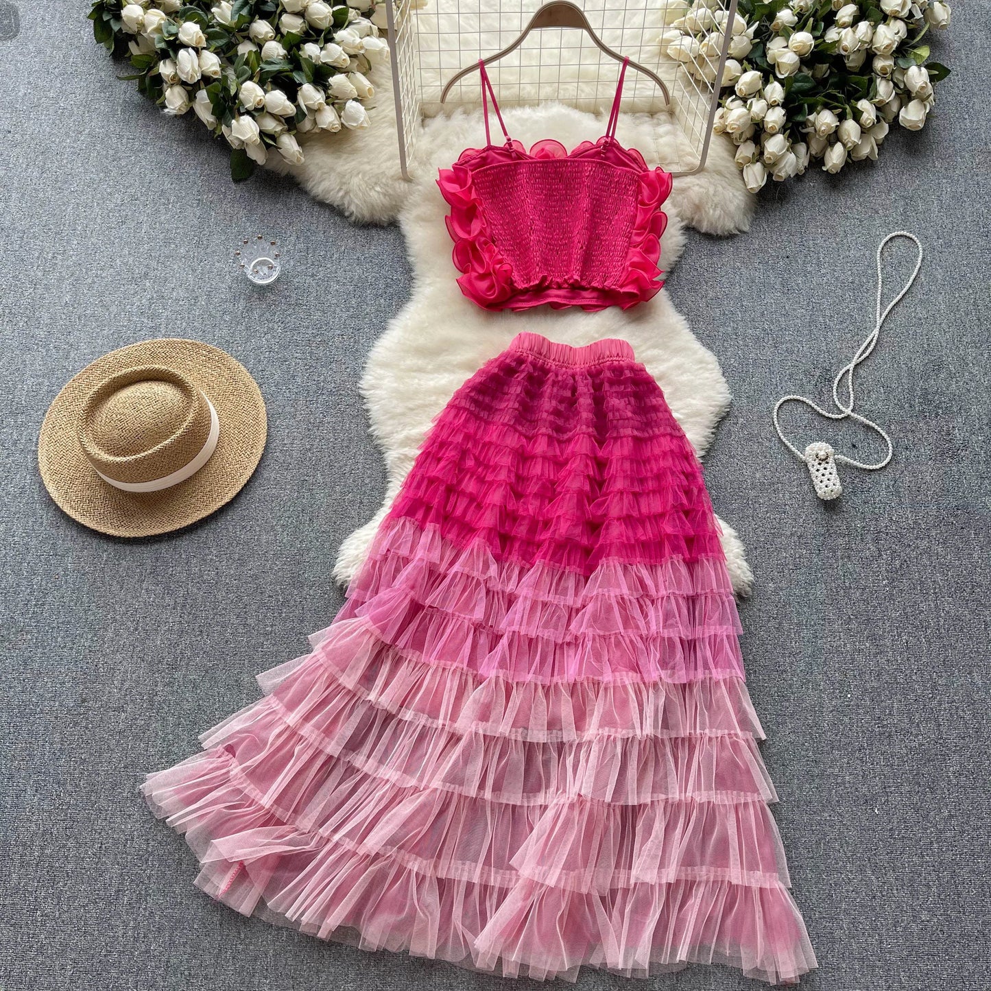New Women Two Piece Set Summer Three-dimensional Flower Mesh Vest Tank Tops+mesh Long Skirts Fashion Korean Outfits