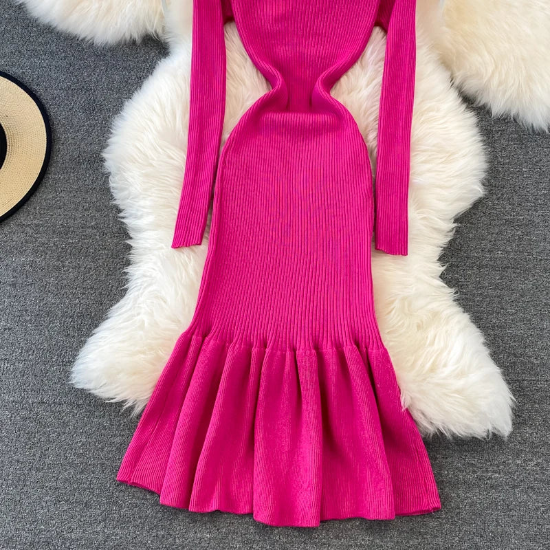 Chic V Neck Long Sleeve Elegant Mermaid Dress Sexy slim Evening Party French Fashion Knit Vestidos High Waist Autumn Slim Robe