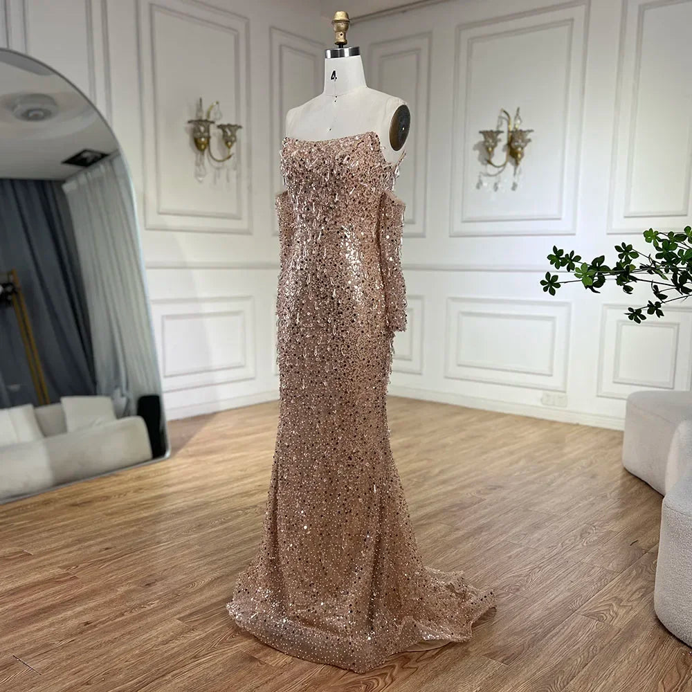 Serene Hill Arabia Orange Mermaid Strapless Luxury Beaded Crystal Evening Dresses Gowns for Women Wedding Party 2024 GLA72402