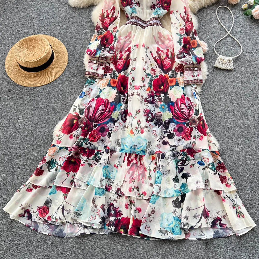 Retro Floral Print Pleated Elegant Chiffon Maxi Dress A-line Mesh V Neck Beach Vacation Party Dress Women Summer Spring Vestidos