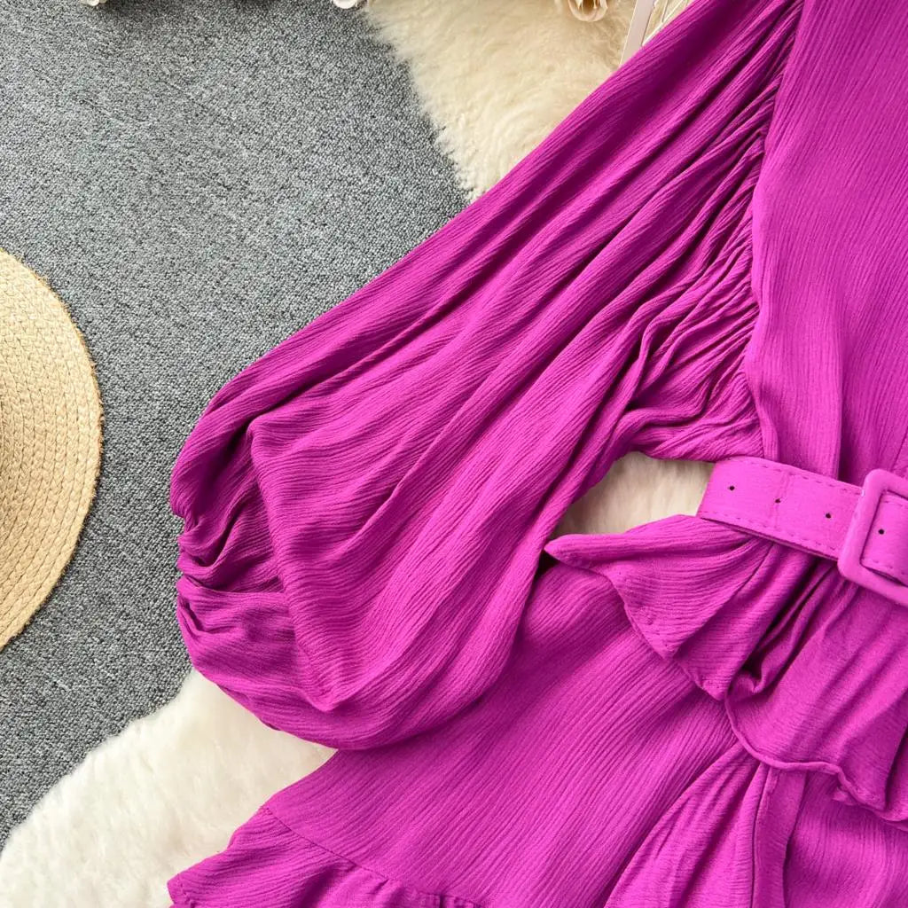 Vintage Puff Sleeve Ruffle Dress Women O-Neck A-Line Elegant Casual Party Prom Dresses Korean Autumn Fashion Female Vestidos New