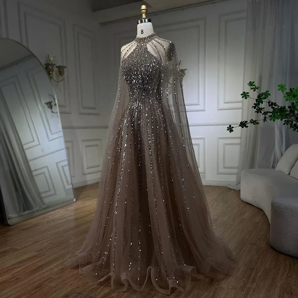 Serene Hill Arabic Turquoise A Line Cape Sleeve Beaded Luxury Dubai Evening Dresses Gowns For Women Wedding Party 2024 BLA72306A