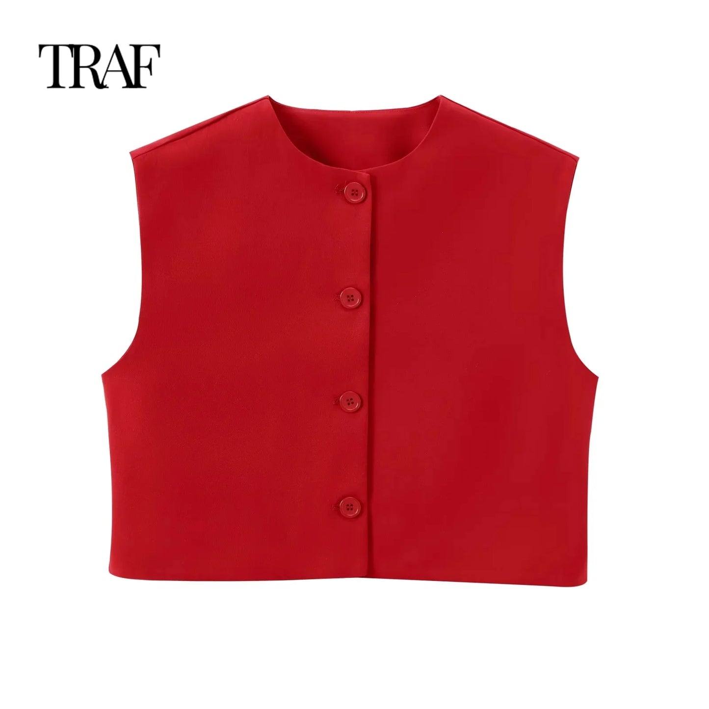 TRAF Women's Clothing Summer New Casual Sleeveless Round Neck Single-breasted Vest Style Shirt Chic Office Ladies Tops Mujer