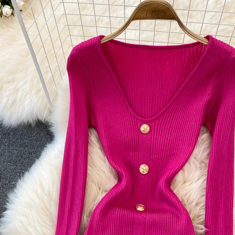 Chic V Neck Long Sleeve Elegant Mermaid Dress Sexy slim Evening Party French Fashion Knit Vestidos High Waist Autumn Slim Robe