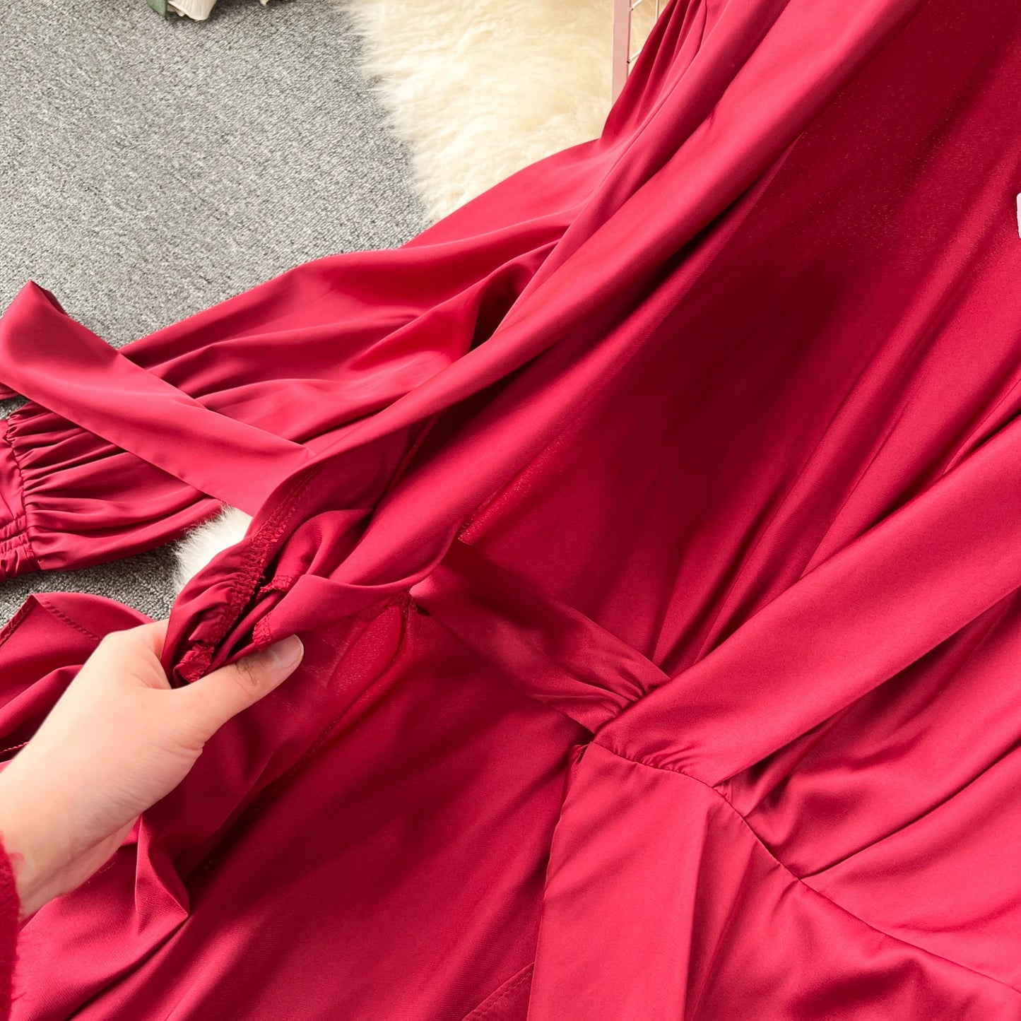 Women Elegant Satin Dress Summer Bandage High Waisted Ruffled Irregular Blazer Dresses Ladies A-line Vintage Party Long Robe