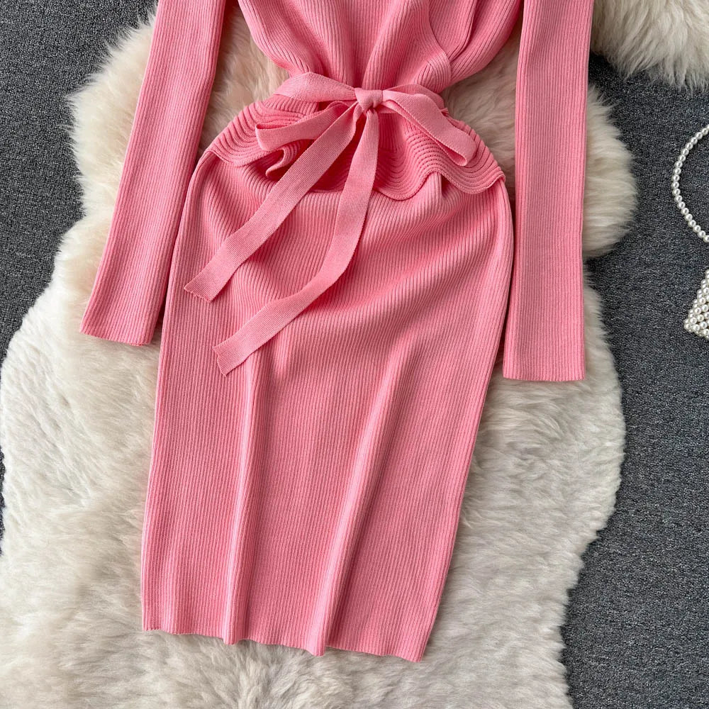 Women Long Sleeve V Neck Sexy Knit Bodycon Dress Chic Vintage Lace Up French Fashion Vestidos Party Elegant Fashion Dresses Y2k