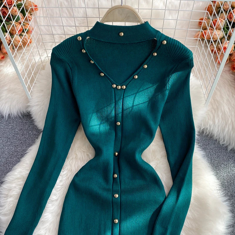Women Chic Hollow Elegant Long Sleeve Bodycon Dress Sexy Party French Fashion Knit Wrap Vestidos Tight Slim Pencil Dress