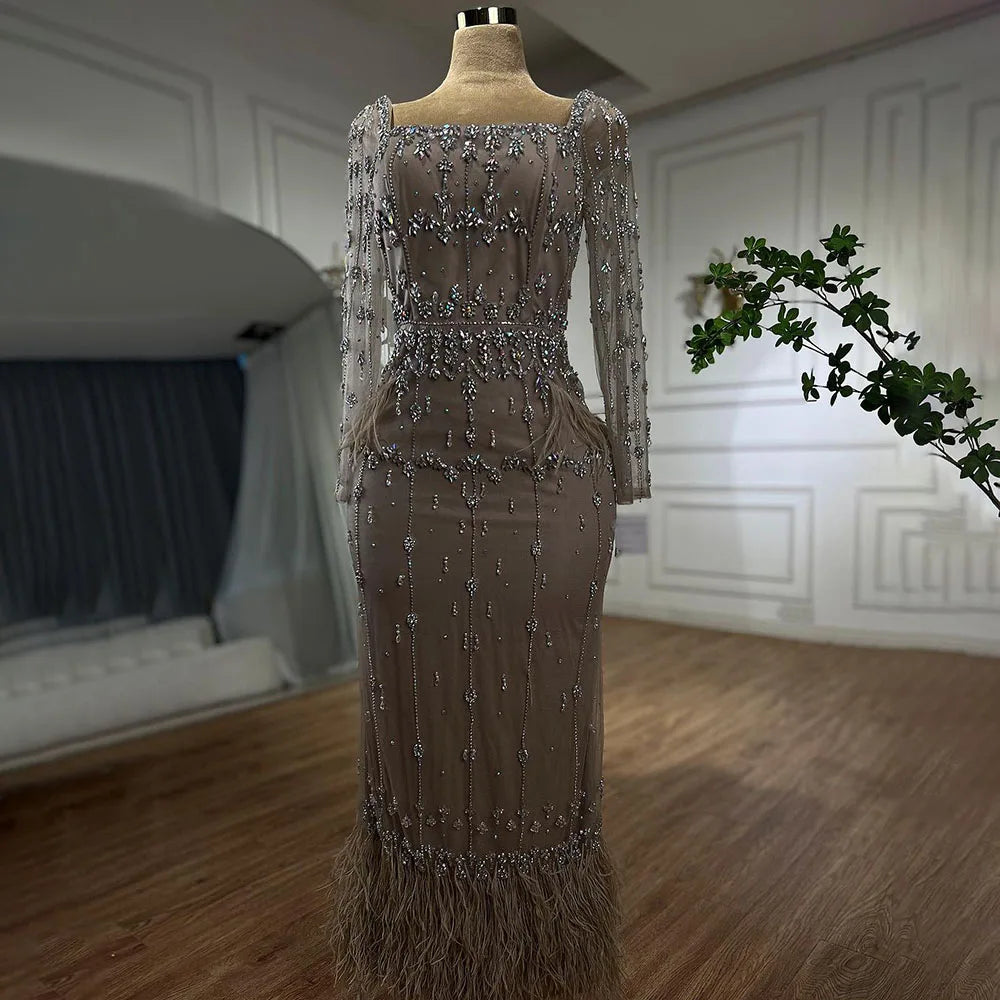 Serene Hill Muslim Turquoise Mermaid Elegant Evening Dresses Gowns 2024 Luxury Beaded Feather For Women Party LA71722