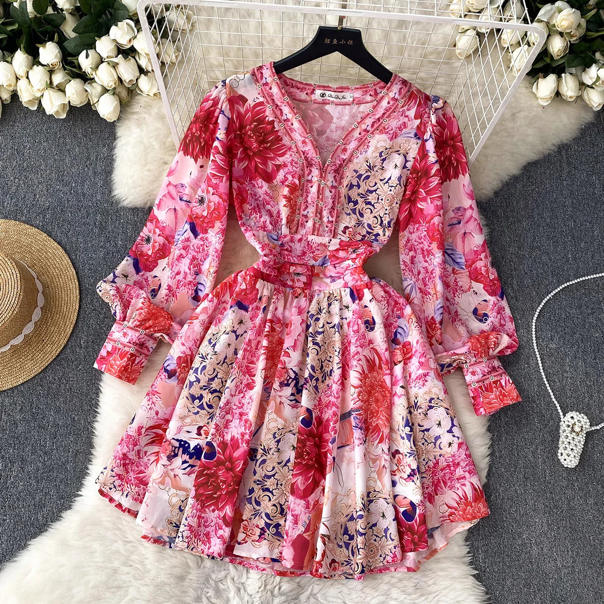 Short Dresses 2023 Fashion Women Clothing Party Elegant Vintage Floral Print Dress Womens V Neck Long Sleeve Mini Vacation Dress