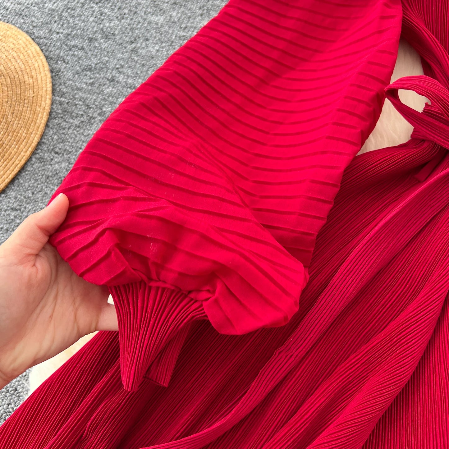 Vintage Elegant Lantern Sleeve Sweet Pleated Dress Women Basics Fashion Summer Spring Dresse