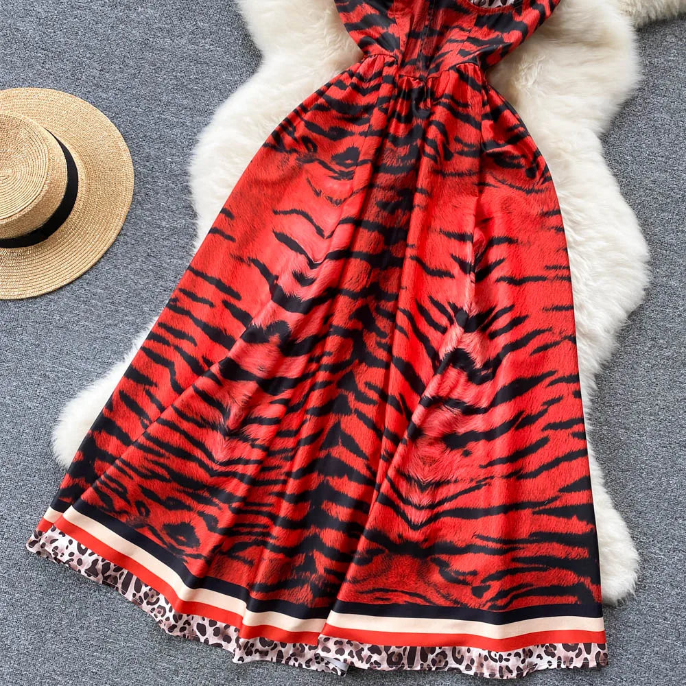 Women Vintage Party Dress Summer Leopard Print Three-dimensional Midi Dresses Ladies Elegant A Line High Waist Long Robe