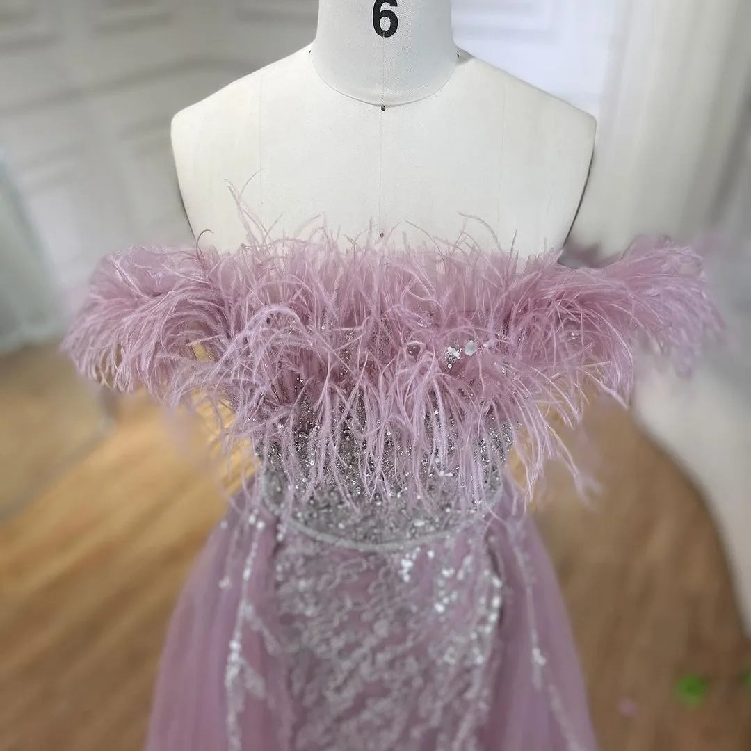 SERENE HILL 2024 Blue Feather Mermaid Luxury Beaded Evening Dresses Overskirt Formal Pink Gowns For Women Wedding Party GLA72061