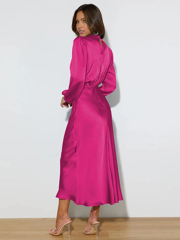 Spring Summer New High-End Satin Long Sleeved Dress Women's Ladylike Elegant Evening Dress Party Clothes Celebrity Dresses