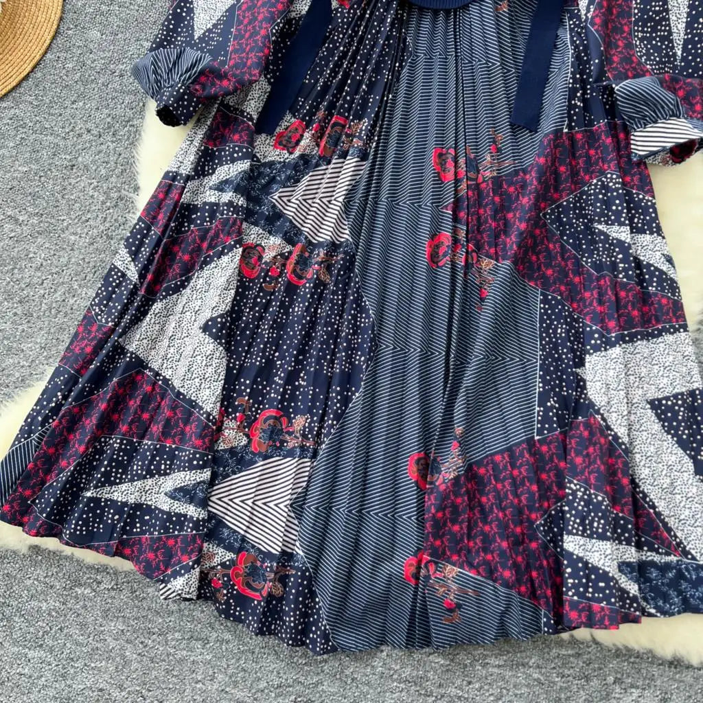 French Vintage Patchwork Print Knitted Dress Elegant and Chic Boho Beach Holiday Dresses A-Line Slim Waist Pleated Vestidos New
