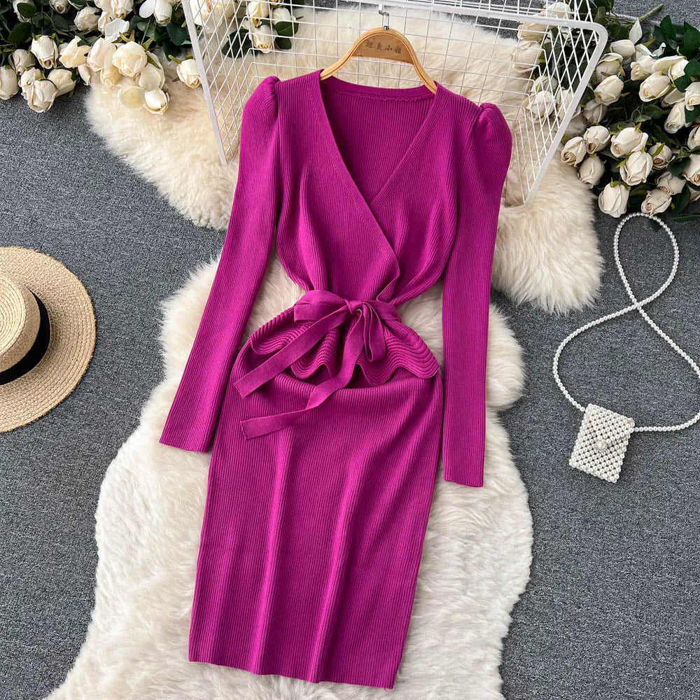 Women Long Sleeve V Neck Sexy Knit Bodycon Dress Chic Vintage Lace Up French Fashion Vestidos Party Elegant Fashion Dresses Y2k