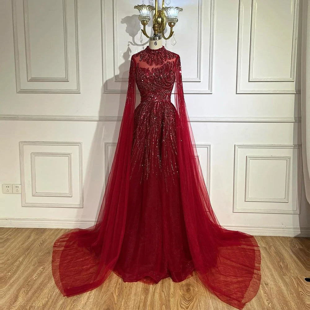 Serene Hill Caramel Luxury Evening Dresses with Cape Sleeves A-Line Beaded Lace Gown For Women's Wedding Party 2024 LA72386