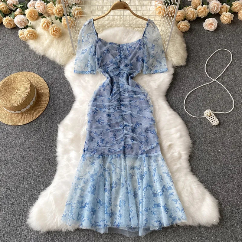 Summer Sexy Vintage Bodycon Women Dress Elegant Solid Print Slim Evening Party Club Prom Dresses Female Mesh Clothes Robe New