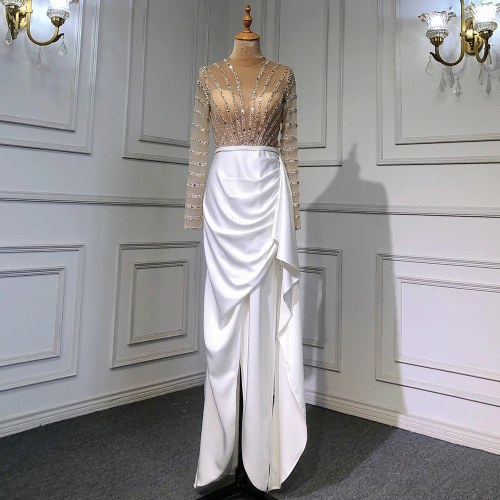 Serene Hill 2024 White Long Sleeves Mermaid Split Evening Dress Beaded Luxury Elegant for Women Party LA71531