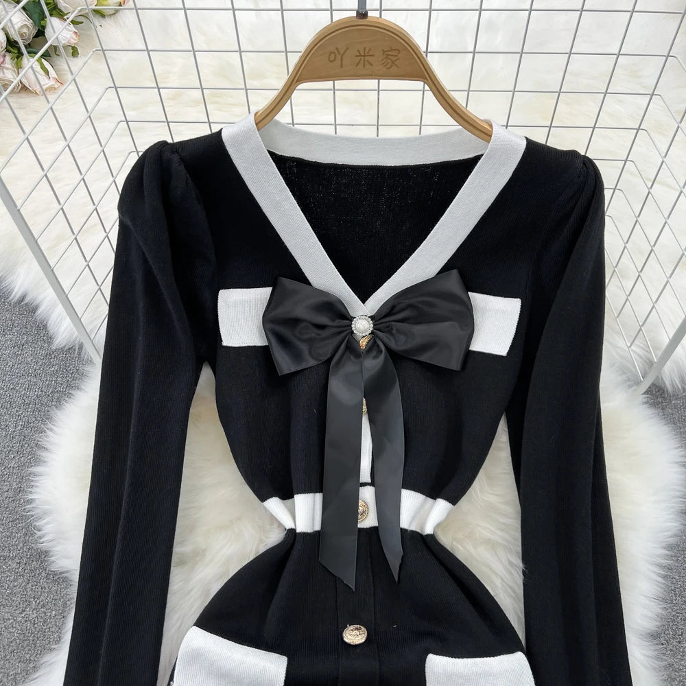 Women Elegant Butterfly Long Sleeve Bodycon V Neck Split Dress Vintage French Slim Knit Tight Vestido Autumn Winter Sweater Robe