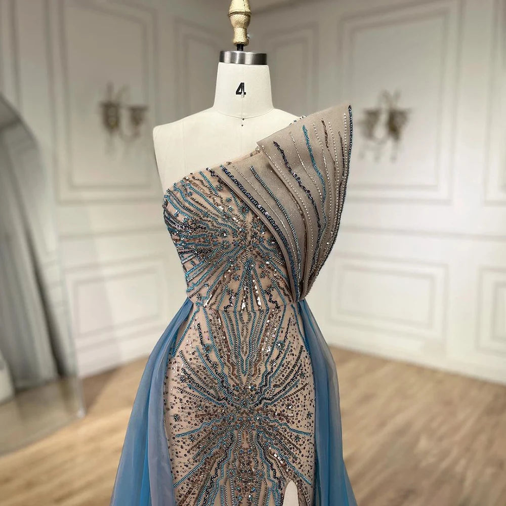 Serene Hill Blue High Split With Overskirt Mermaid Luxury Beaded Dubai Evening Dresses for Women Wedding Party 2024 LA71921A