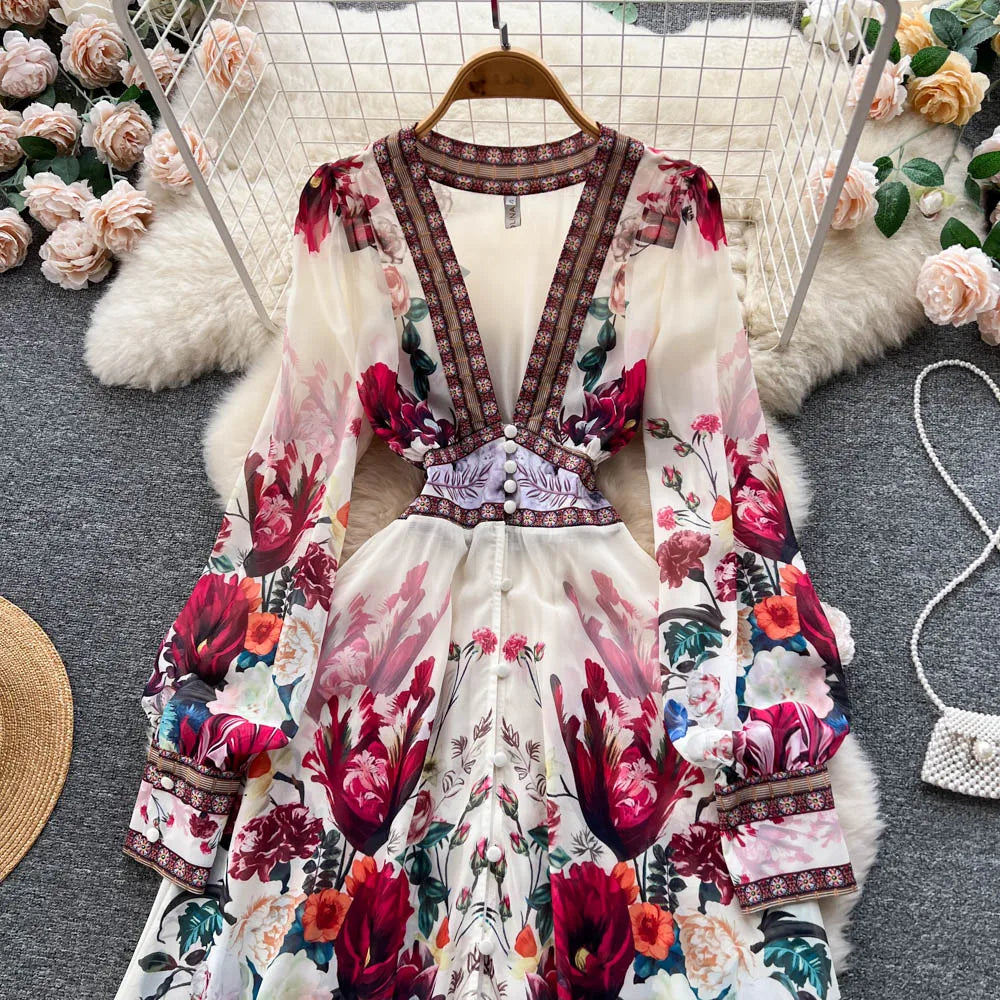 Retro Floral Print Pleated Elegant Chiffon Maxi Dress A-line Mesh V Neck Beach Vacation Party Dress Women Summer Spring Vestidos