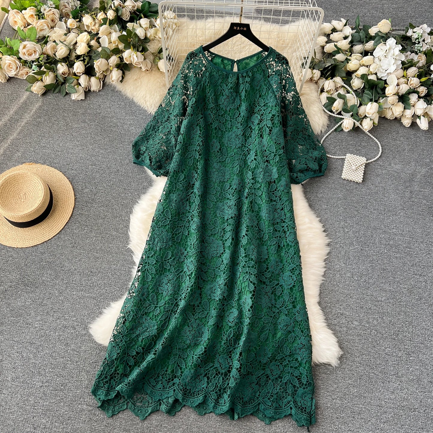 Chic Long Sleeve O Neck Lace Hook Flower Hollow Loose Dress Chiffon A-line Casual Dresses Fashion Women Elegant Vestidos