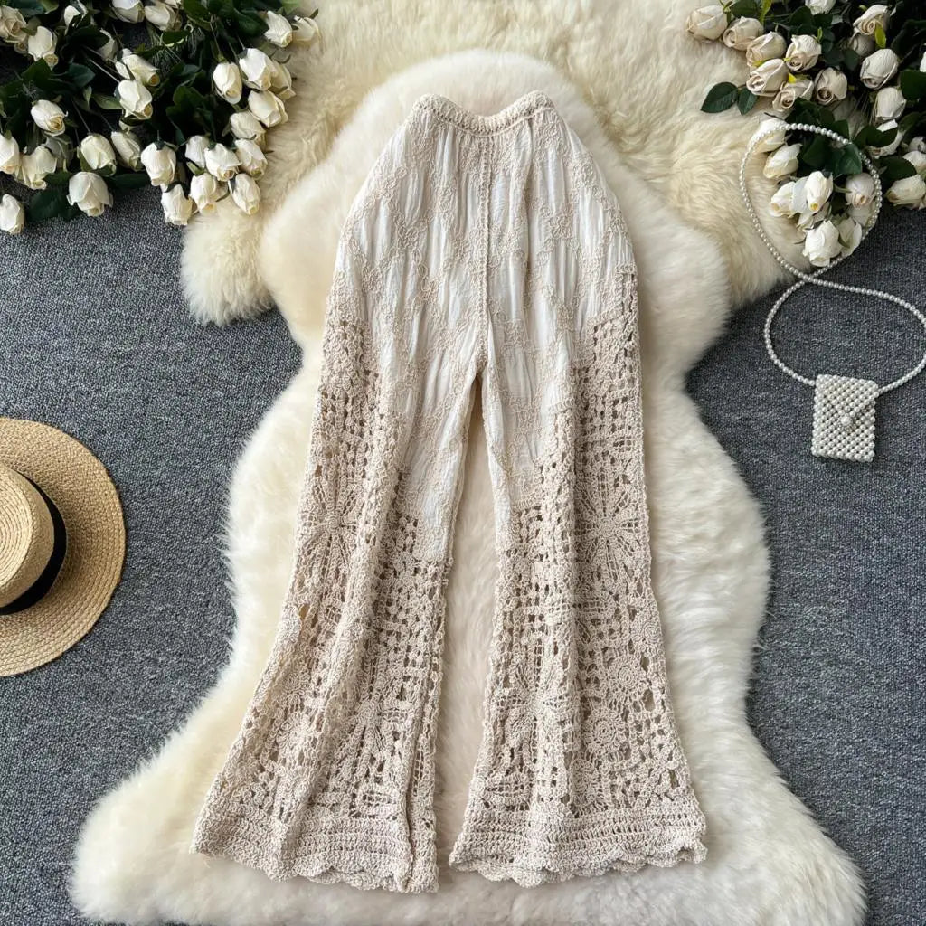 Korean Fashion Women Knitting Trousers Autumn Embroidery Splice Hollow Out High Waist Loose Casual Beach Long Wide Leg Pants New