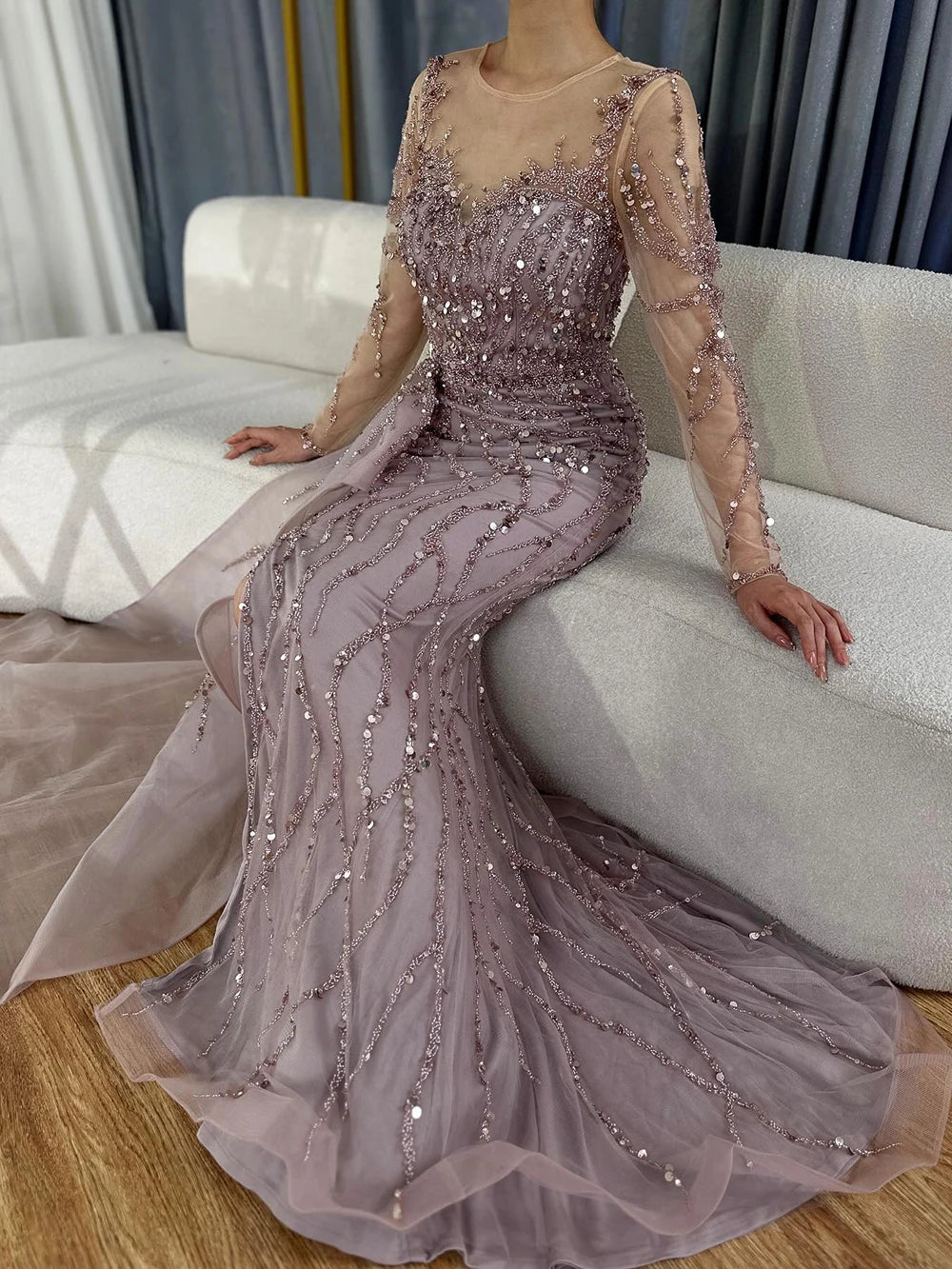 Serene Hill Blue Long Sleevele Elegant Mermaid High Split Evening Dresses 2024 Women Party Gowns with Side Skirt LA72044