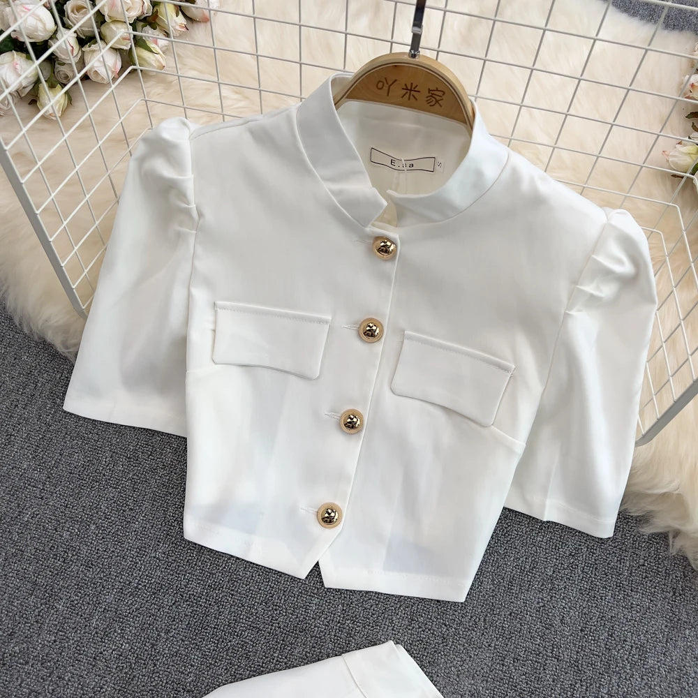Chic Two Pieces Sets Sexy Single Breasted puff sleeve sweet blouse with Fashion basics A-line Skirt Vacation Sets