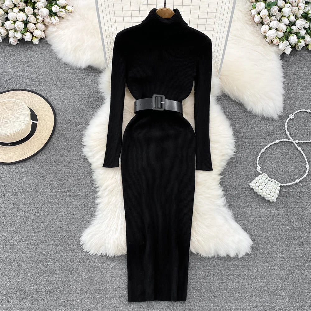 Elegant Turtleneck Long Sleeve Knit Soft Tight Pencil Dress with Belt Slim Fashion Warm Sweater Vestido Sexy Women Winter Robe