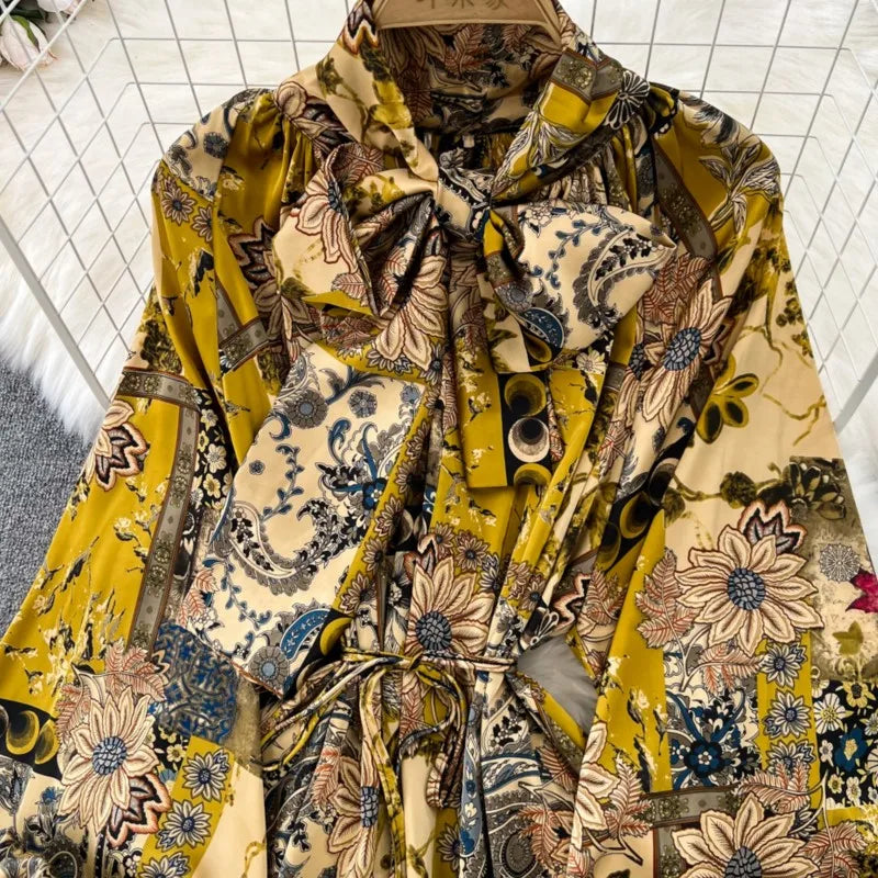 Women Casual A-Line Vintage Floral Long Dress Autumn Elegant Chic Party Boho Maxi Dresses Beach Holiday Female Vestidos New