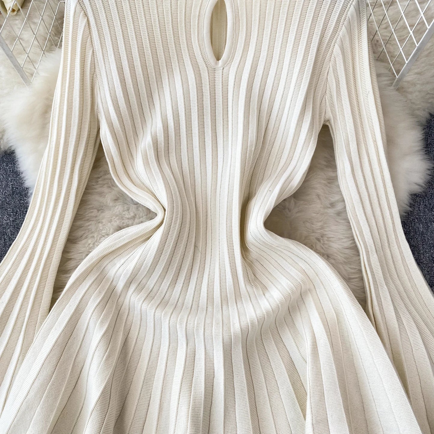 Women Chic Elegant O Neck Long Sleeve Dress French Sexy Fashion Knit Elastic Slim A-line Mini Dress