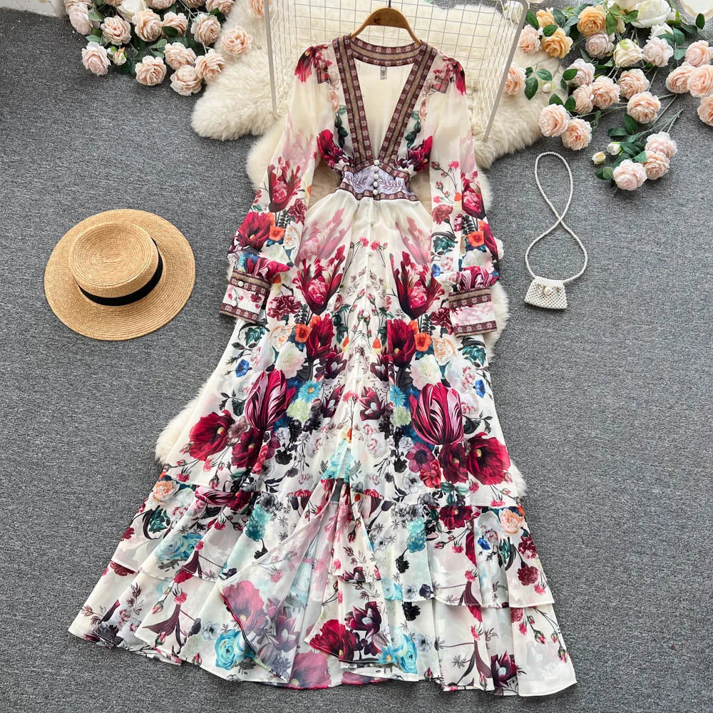 Retro Floral Print Pleated Elegant Chiffon Maxi Dress A-line Mesh V Neck Beach Vacation Party Dress Women Summer Spring Vestidos