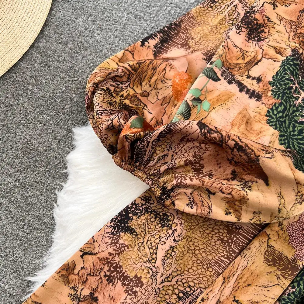 Elegant Casual A-Line Vintage Ruffle Print Long Dress Autumn Lantern Sleeve Party Boho Dresses Beach Holiday Female Vestidos
