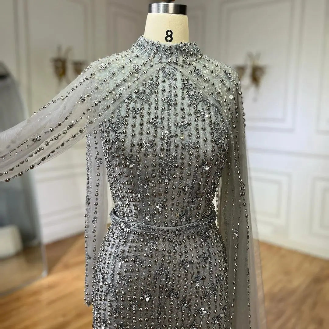 SERENE HILL 2024 Arabic Nude Mermaid Cape Long Sleeves Luxury Beaded Evening Dresses Formal Gowns Women Wedding Party GLA72372