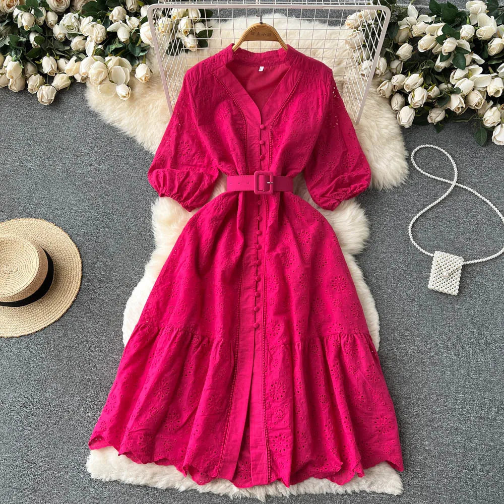 Summer V-neck Hollow Out Dress Women Bubble Sleeves Loose Embroidered Ruffle Edge Long Dresses Ladies Elegant Casual Long Robe