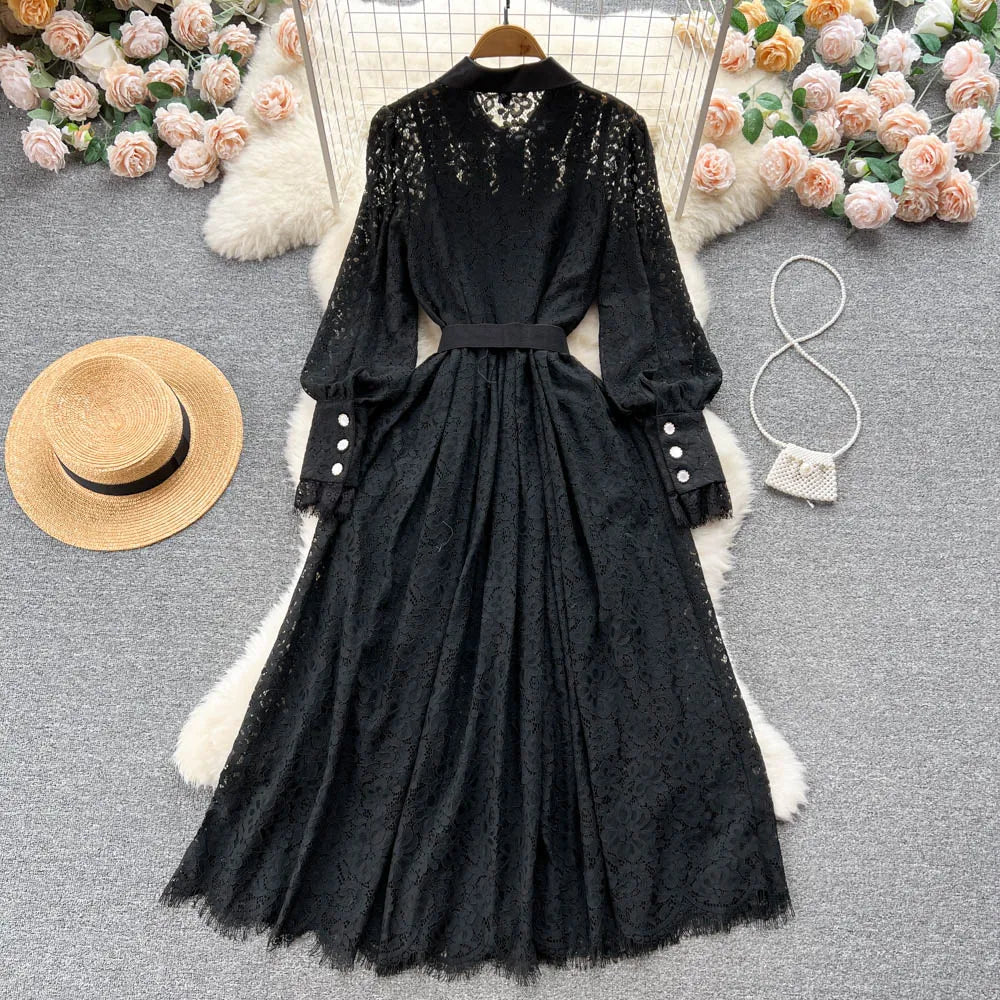 Elegant Chic Lace Hook Flower Hollow Long Sleeve Lapel Dress Party A-line Vestidos High Waist Basic Women Autumn Winter Dress