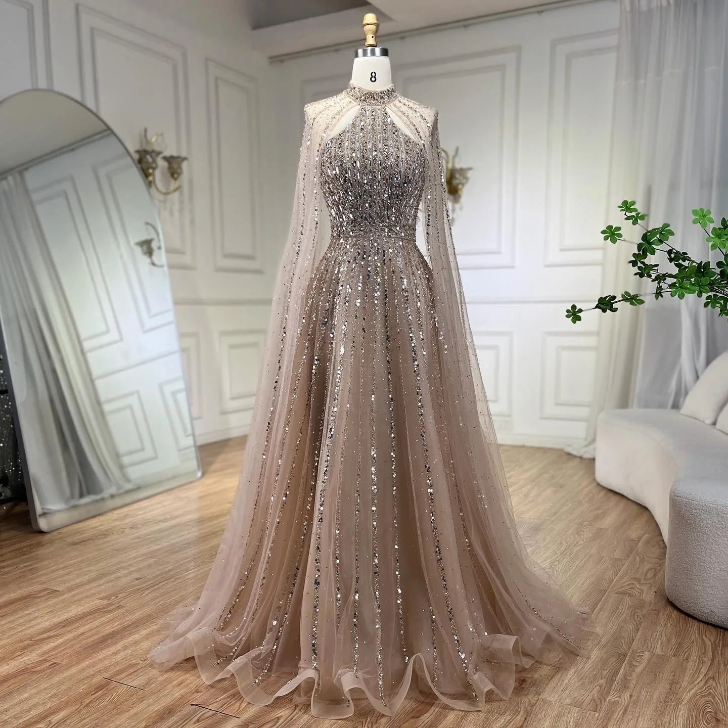 SERENE HILL 2024 Caramel Arabic Dubai Luxury Beaded Cape Sleeves Evening Dresses Formal Gowns For Women Wedding Party GLA72306A