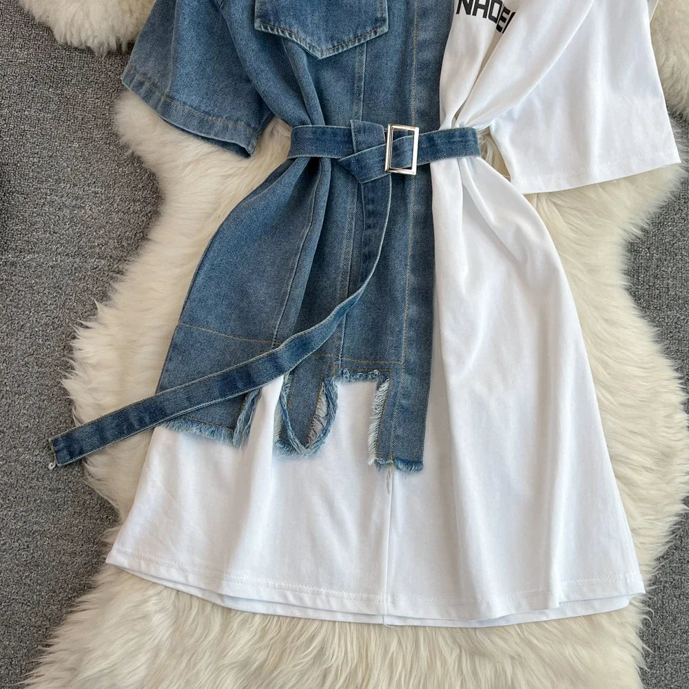 Women Summer Casual T Shirt Short Sleeve Streetwear Patchwork Denim Long Shirts Female O-neck Slim Jeans Tops